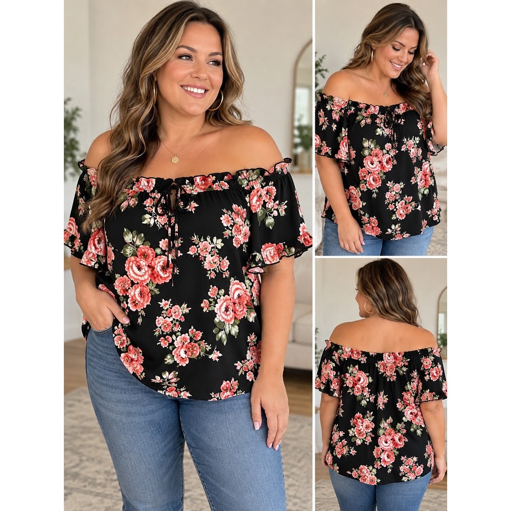 SHEIN Curve Black Pink Rose Floral Off The Shoulder Bell Sleeve Blouse 1XL
